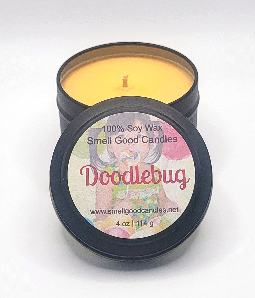 Doodlebug 4oz Tin Scented Soy Wax Candle - Front Open