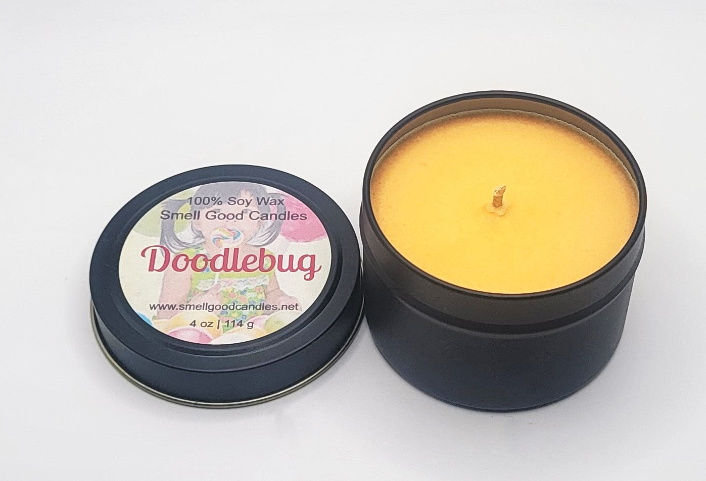 Doodlebug 4oz Tin Scented Soy Wax Candle - Top Open