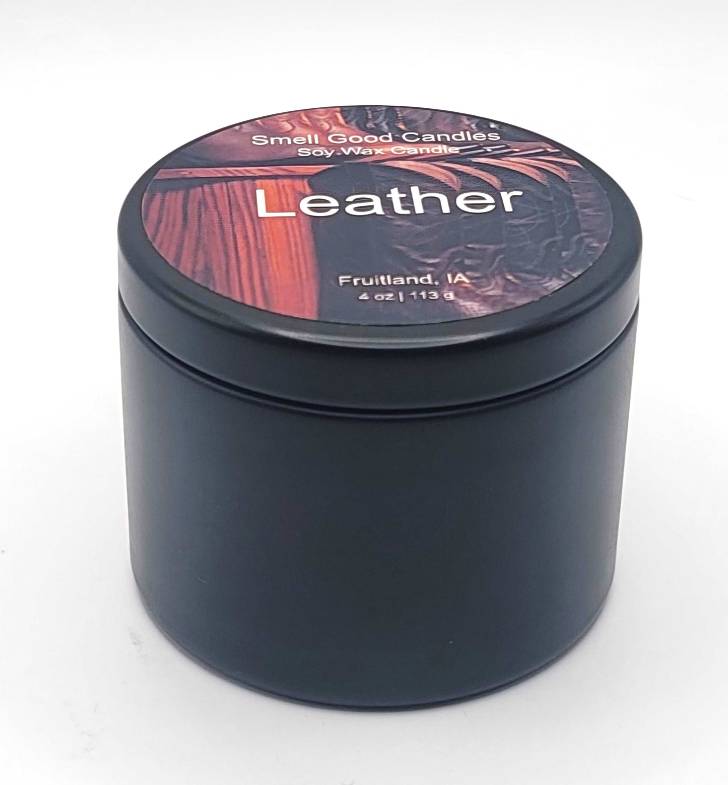 Leather 4oz Tin Scented Soy Wax Candle