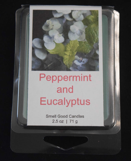 Image of a 2.5oz Peppermint and Eucalyptus Premium Wax Melt: A vibrant blend of sweet peppermint and earthy eucalyptus, complemented by cedarwood and patchouli notes. Aromatically invigorating, spa-inspired fragrance for your living space, infused with natural essential oils, creating a refreshing and luxurious atmosphere.