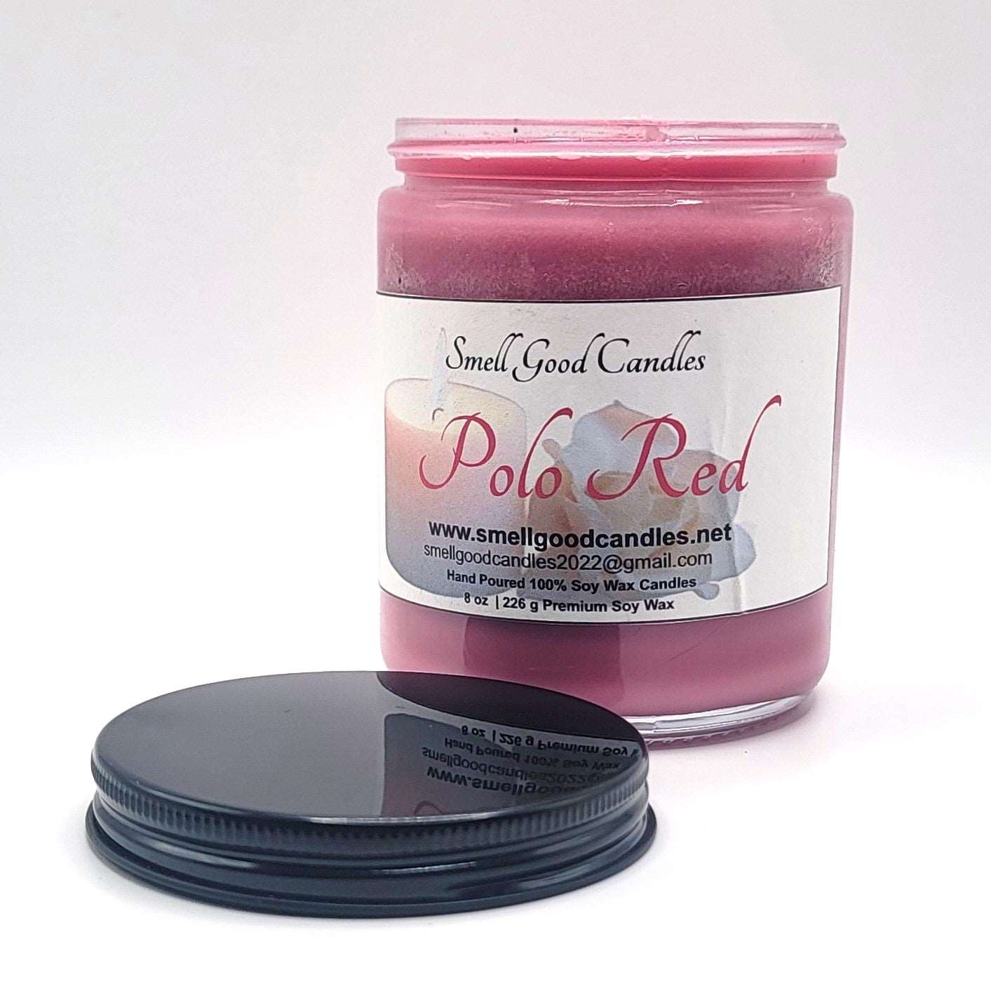 Polo Red 8oz Jar Scented Soy Wax Candle - Front opened