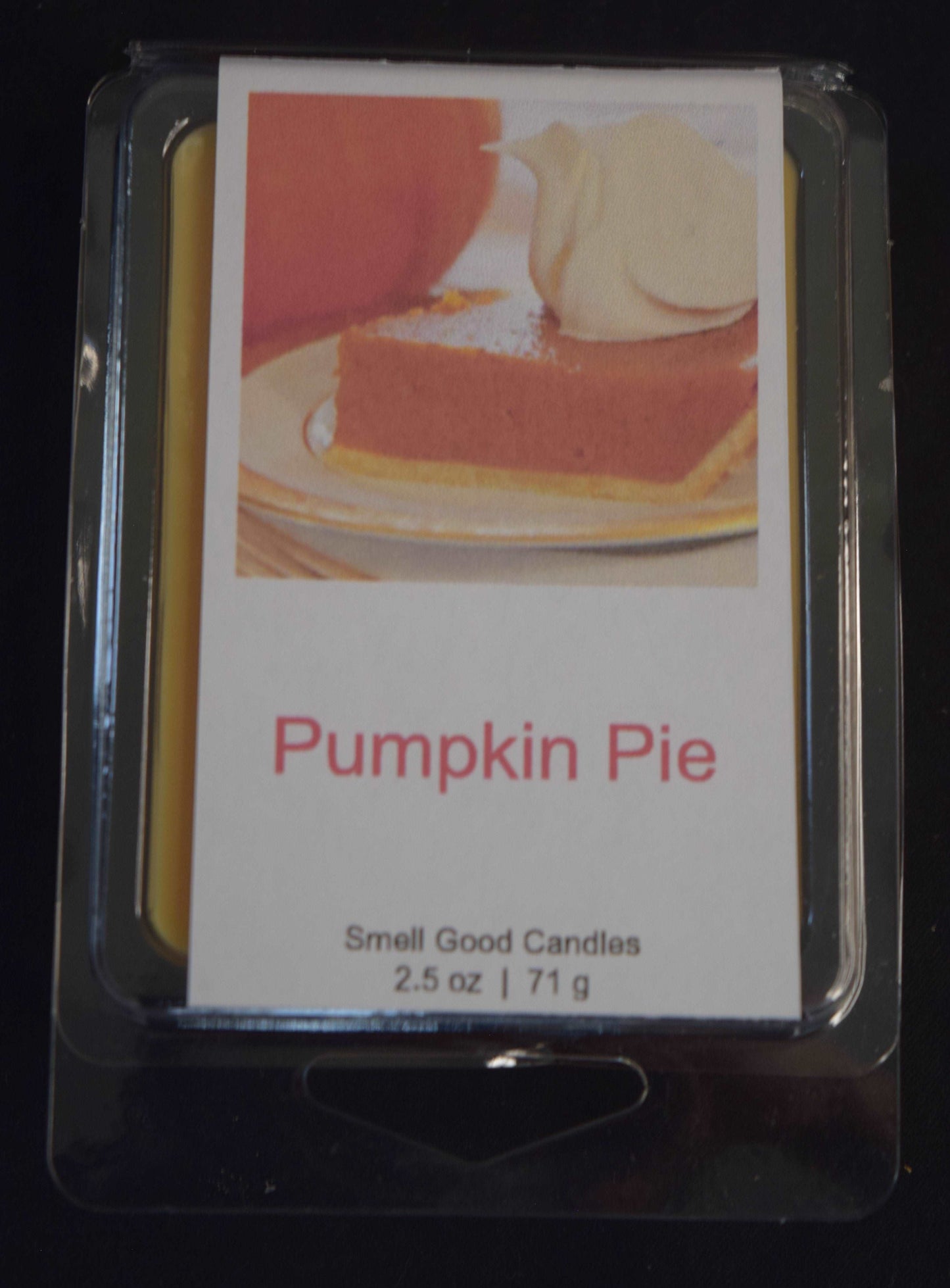 A true-to-life fragrance with notes of pumpkin, spices, and a touch of vanilla and caramel. Pumpkin Pie has fantastic hot and cold throw in soy wax. Pumpkin Pie isn't as sweet as our Pumpkin Soufflé, but it is incredibly strong and true.  This fragrance is infused with natural essential oils, including cinnamon, clove, and ginger.